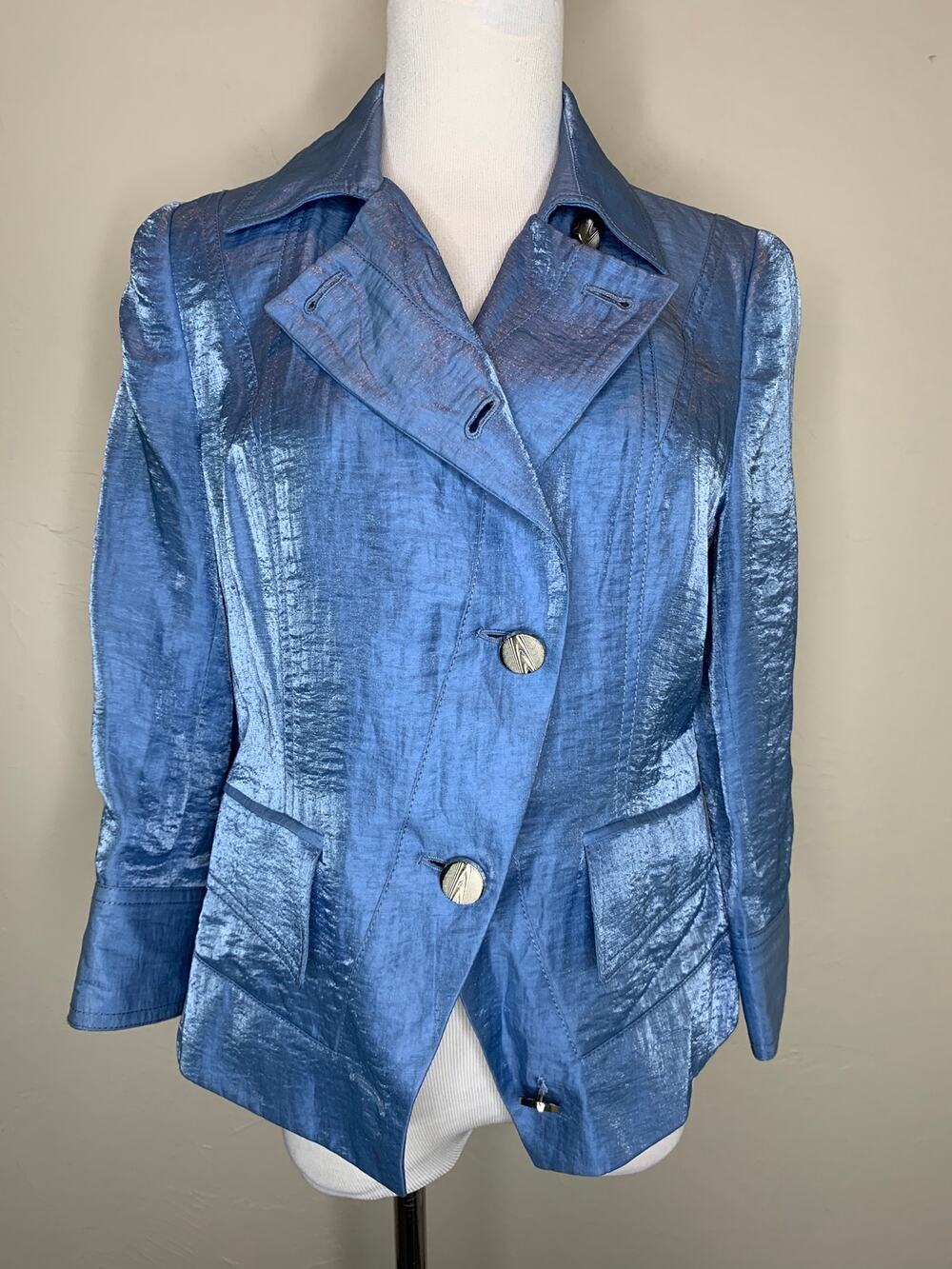 Vintage Per Se Linen Blend Metallic Blue Blazer Sz 6 Formal Cocktail